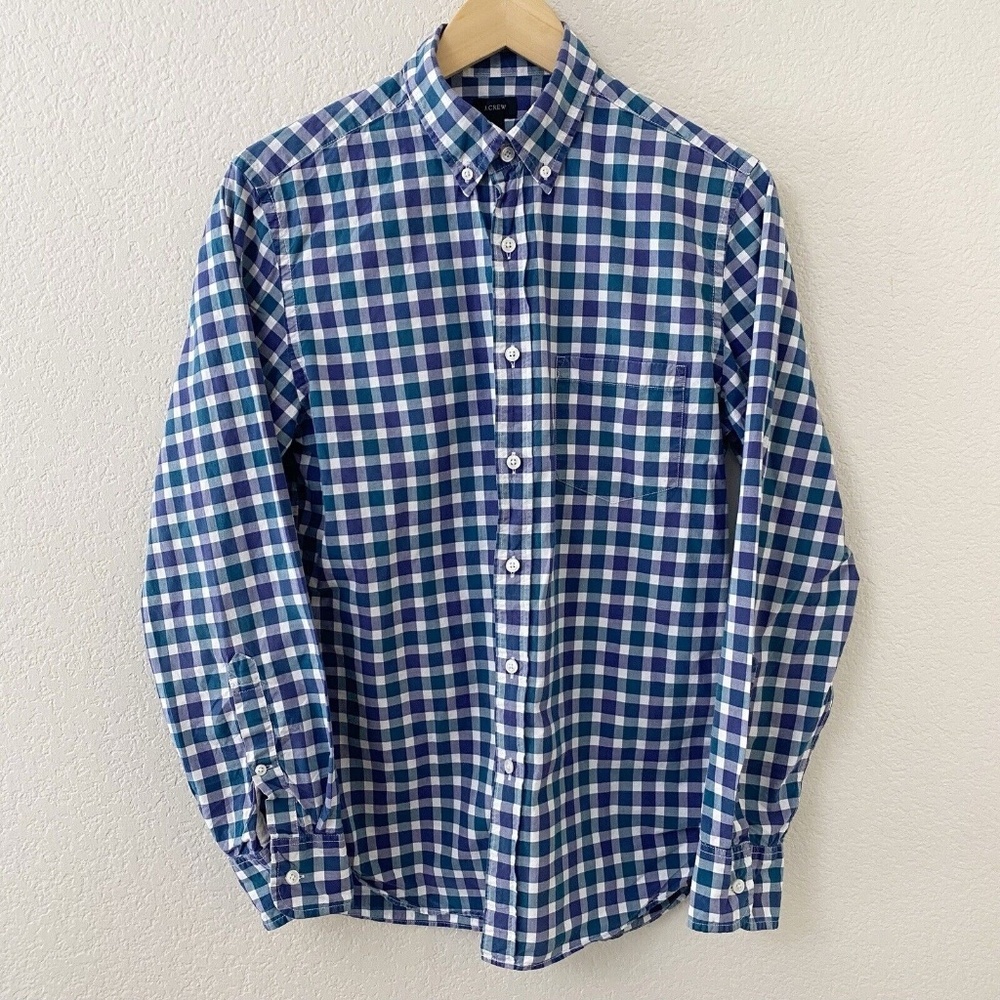 J Crew Dress Shirt Size Small Blue Green Check Long Sleeve Button Down